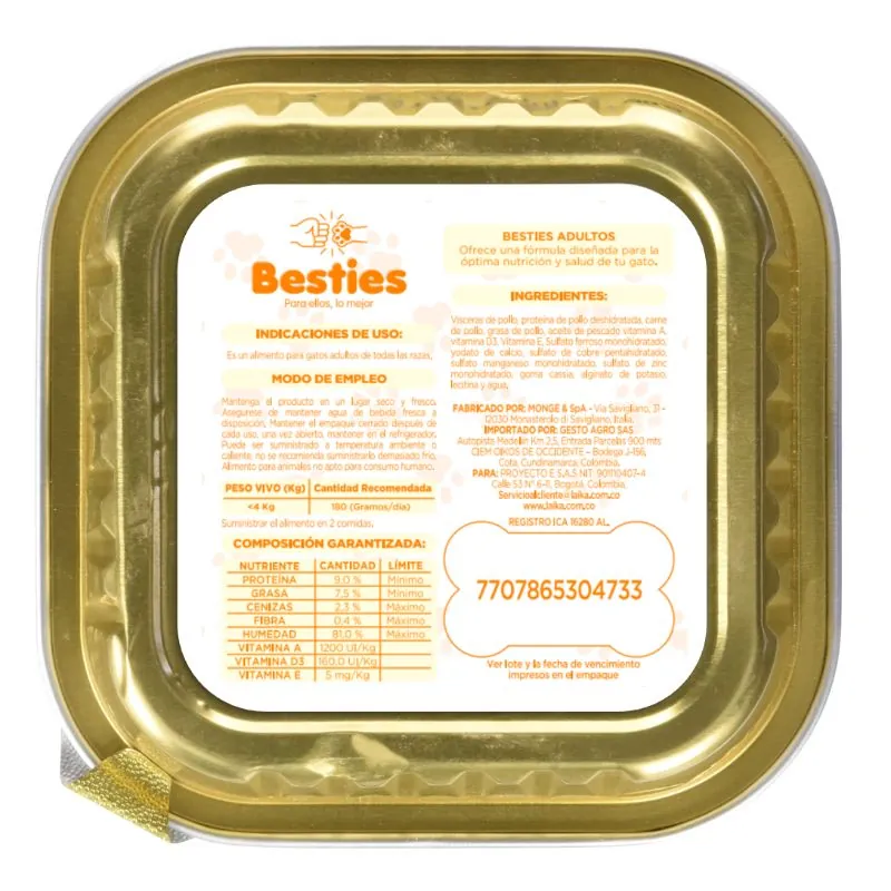 Besties - Paté Alimento Húmedo Gatos Adultos Sabor Pollo
