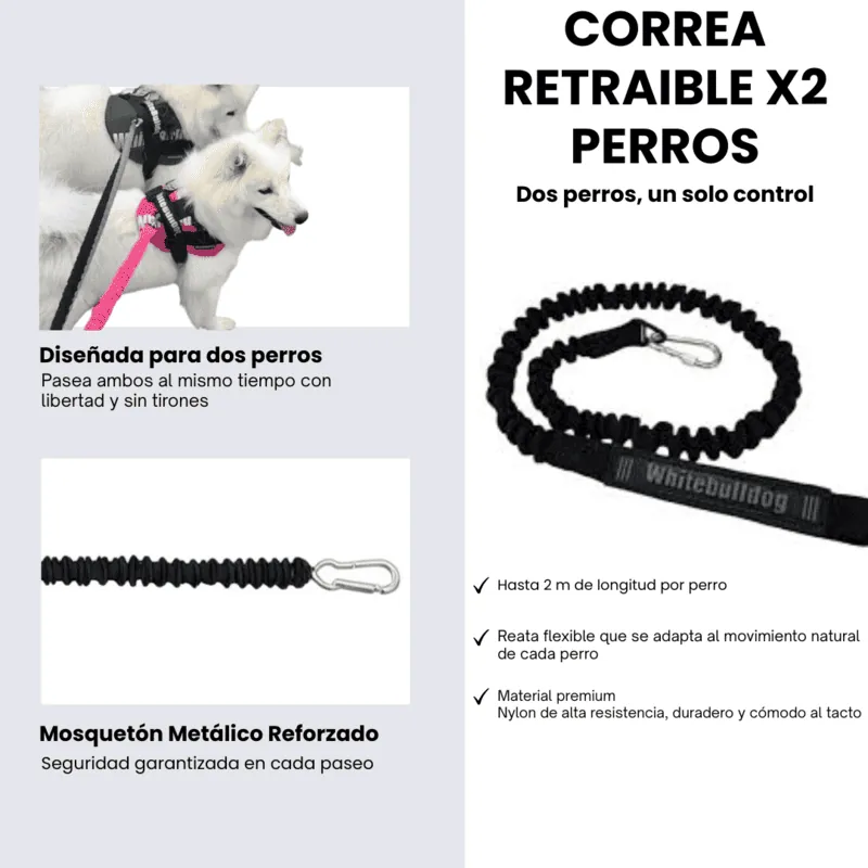 Whitebulldog - Correa Retraíble Negra X 2 Perros